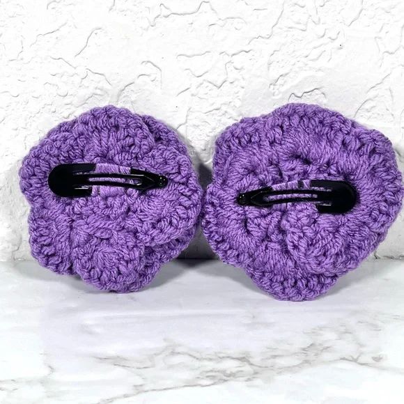 Set Of 2 Purple Crochet Flower Barrettes - Picture 2 of 5